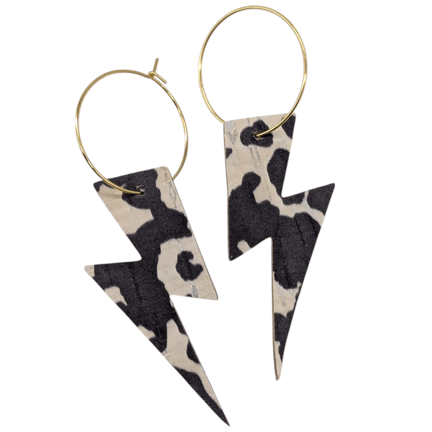 Cow print lightning bolt cork hoop earrings