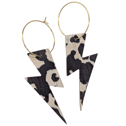 Cow print lightning bolt cork hoop earrings