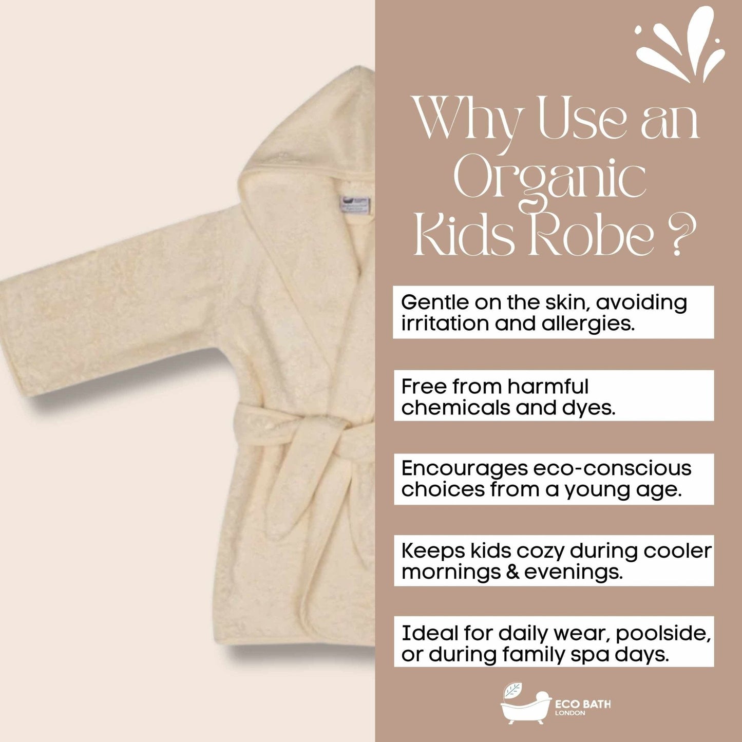 Eco Bath London Organic Cotton Kids Robe (10-12 Years) - Hooded, 100% Certified Organic Cotton
