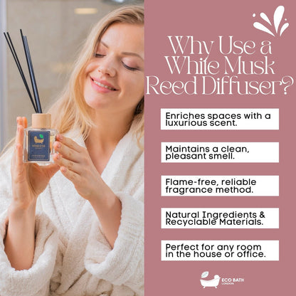 Eco Bath London White Musk Reed Diffuser - Fresh and Sweet Fruits Scented Room Diffuser with Lemon, Mandarin, Green Pear, and Bergamot, 100ml (3.38 Fl.Oz)