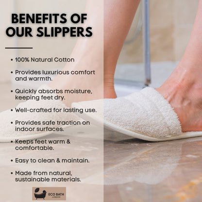 Eco Bath London Natural Toweling Slippers - Luxury 100% Organic Cotton Indoor Slippers for Bath and Home
