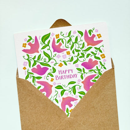 Hand-drawn Birthday Card for Her: Pretty Foliage and Birds