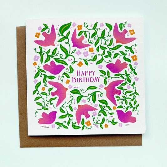 Hand-drawn Birthday Card for Her: Pretty Foliage and Birds