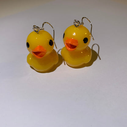 Yellow rubber duck drop dangle earrings on silver plated hook