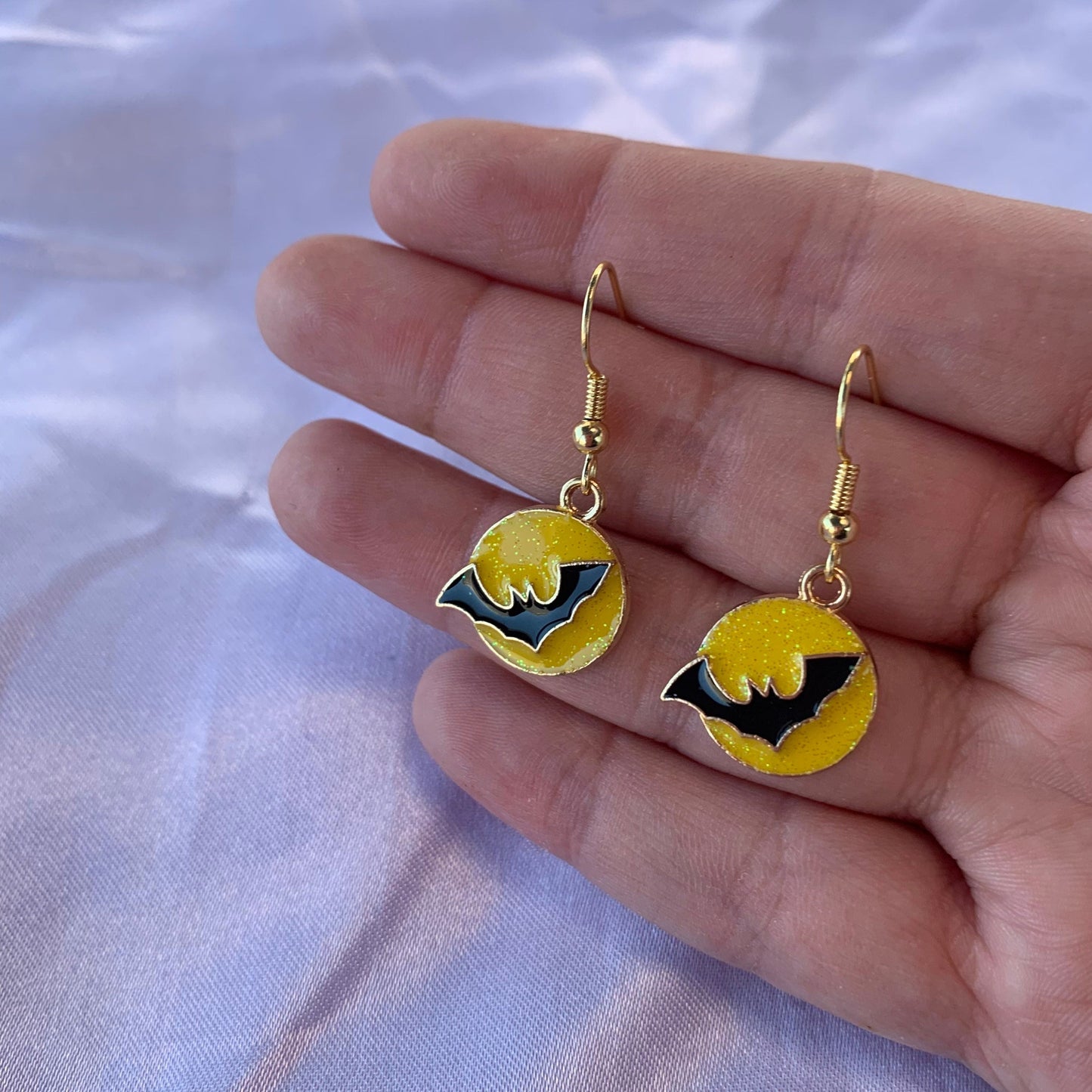 Yellow glitter black bat moon halloween gold dangle earrings