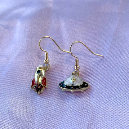 Space rocket and alien space ship gold dangle earrings