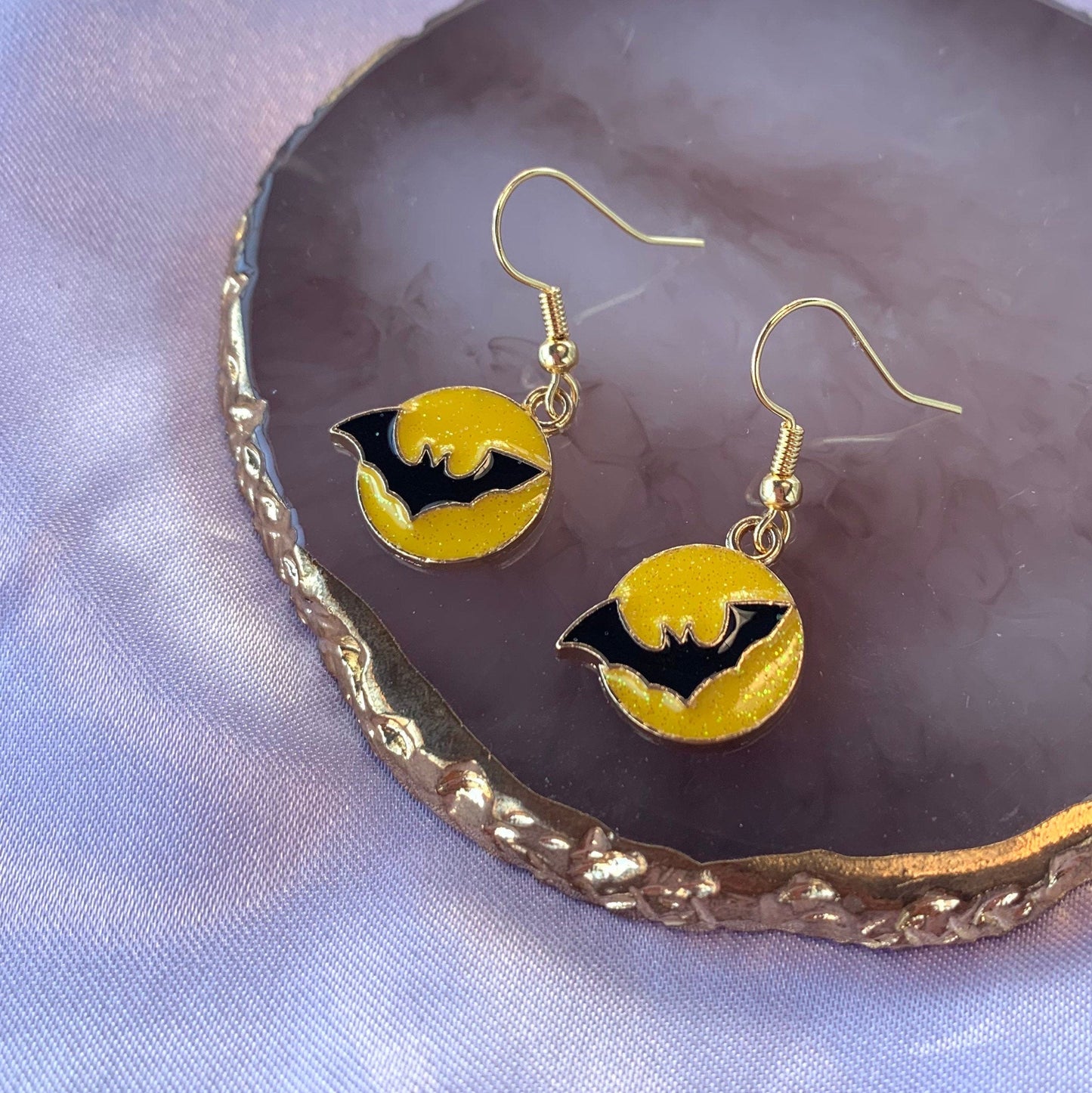 Yellow glitter black bat moon halloween gold dangle earrings