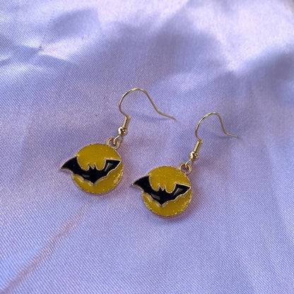 Yellow glitter black bat moon halloween gold dangle earrings