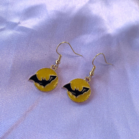 Yellow glitter black bat moon halloween gold dangle earrings