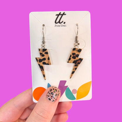 Mini leopard print lightning bolt earrings