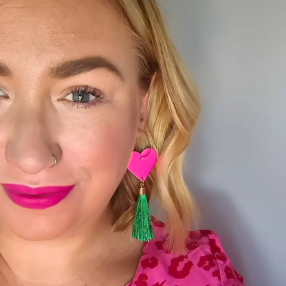 Neon pink and gold green tassel earrings