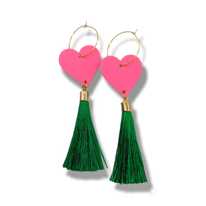 Neon pink and gold green tassel earrings