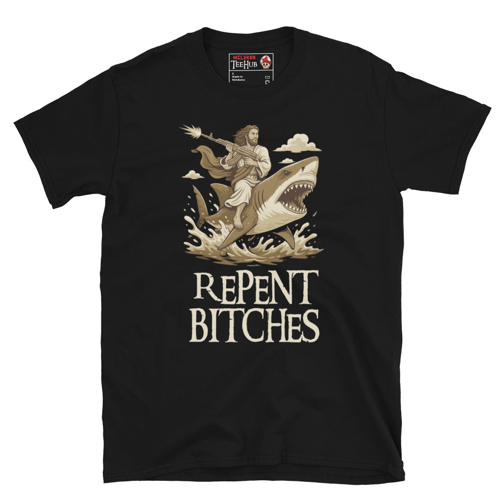 Repent Bitches T-Shirt – Funny Jesus Riding a Shark with Machine Gun Tee