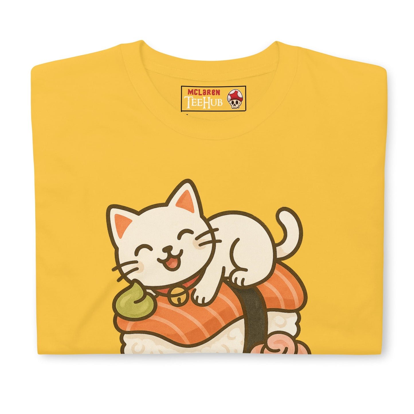 Sushi Cat T-Shirt – Kawaii Kitty on Salmon Nigiri – Cute Anime Cat Tee