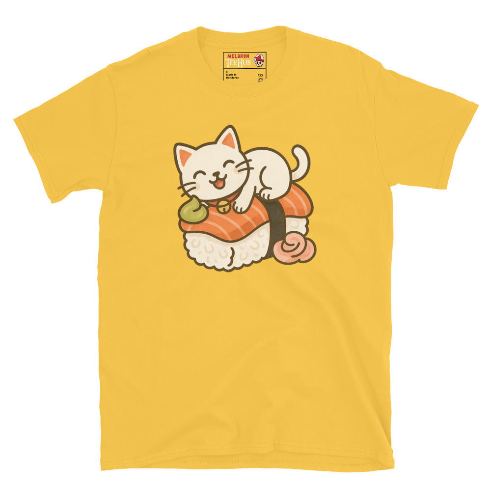 Sushi Cat T-Shirt – Kawaii Kitty on Salmon Nigiri – Cute Anime Cat Tee