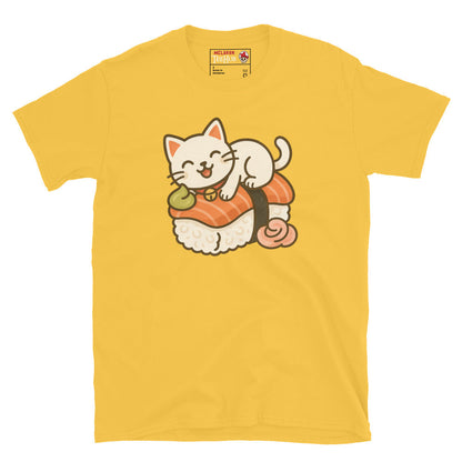 Sushi Cat T-Shirt – Kawaii Kitty on Salmon Nigiri – Cute Anime Cat Tee