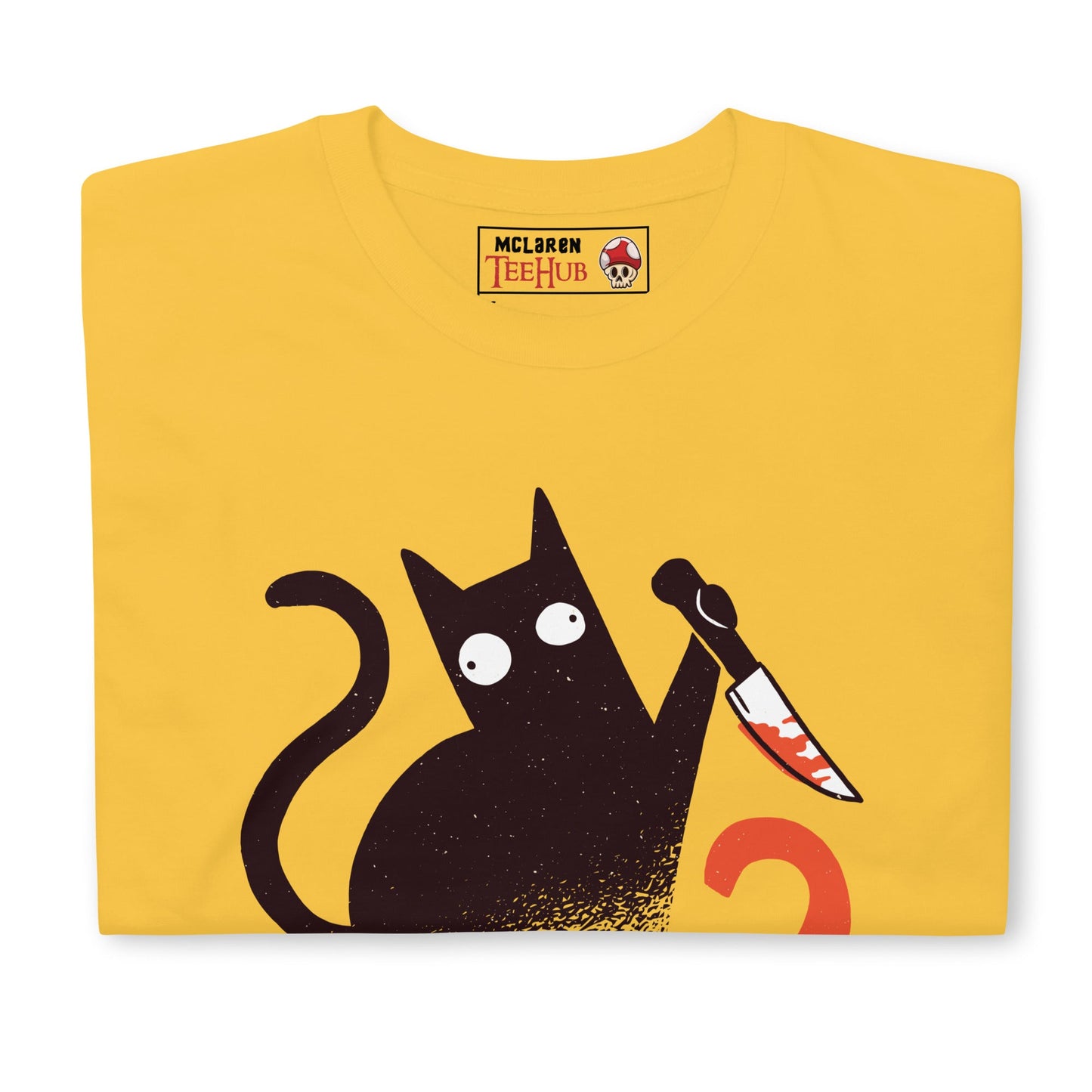 Funny Cat Knife T-Shirt – “What?” Meme Tee – Dark Humor Cat Lover Shirt