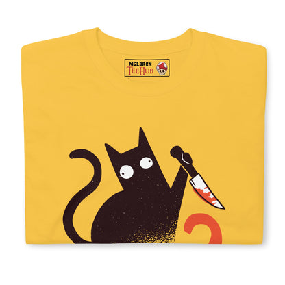 Funny Cat Knife T-Shirt – “What?” Meme Tee – Dark Humor Cat Lover Shirt