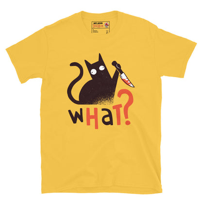 Funny Cat Knife T-Shirt – “What?” Meme Tee – Dark Humor Cat Lover Shirt