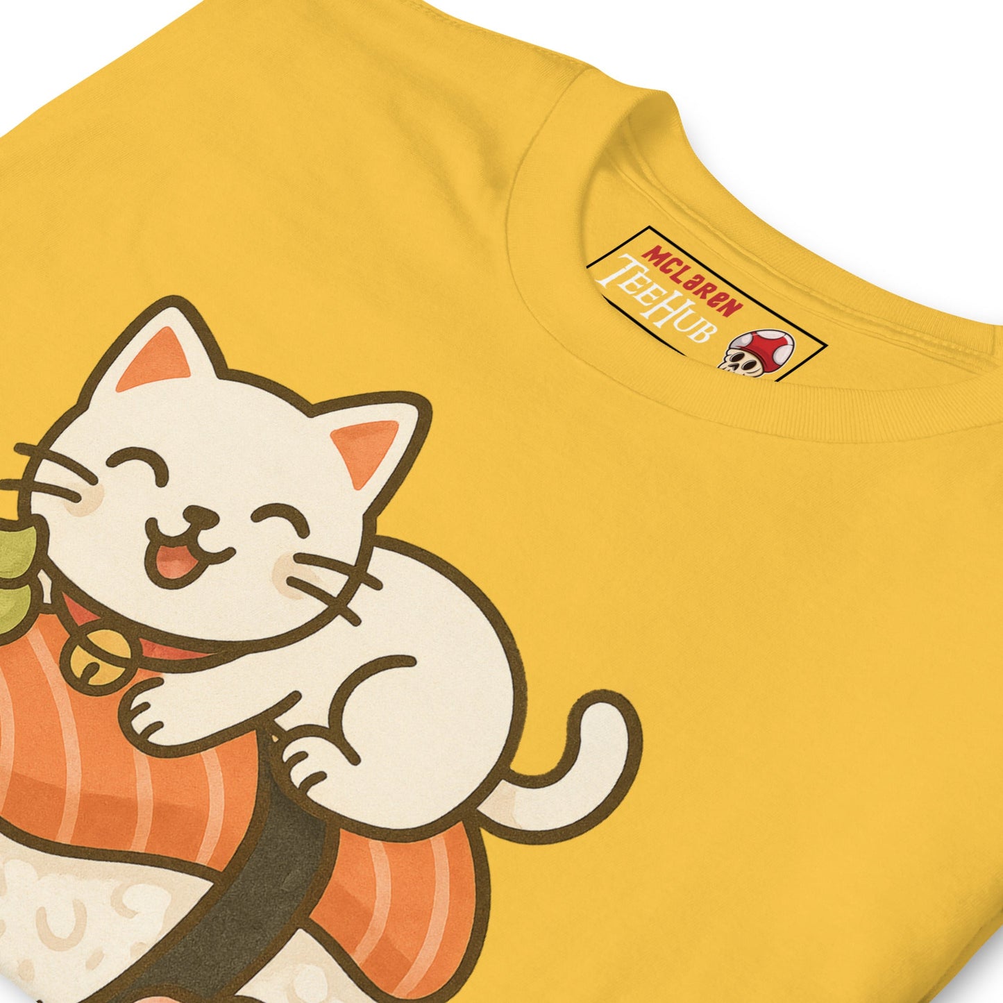 Sushi Cat T-Shirt – Kawaii Kitty on Salmon Nigiri – Cute Anime Cat Tee
