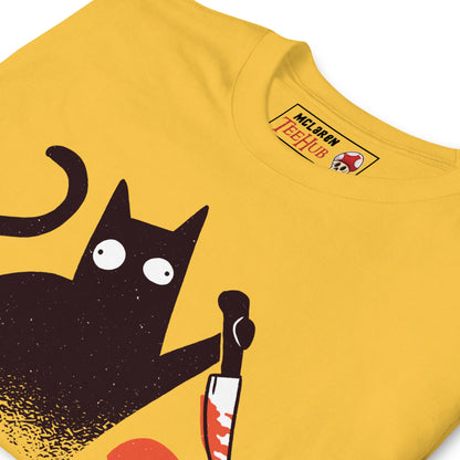 Funny Cat Knife T-Shirt – “What?” Meme Tee – Dark Humor Cat Lover Shirt