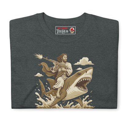 Repent Bitches T-Shirt – Funny Jesus Riding a Shark with Machine Gun Tee