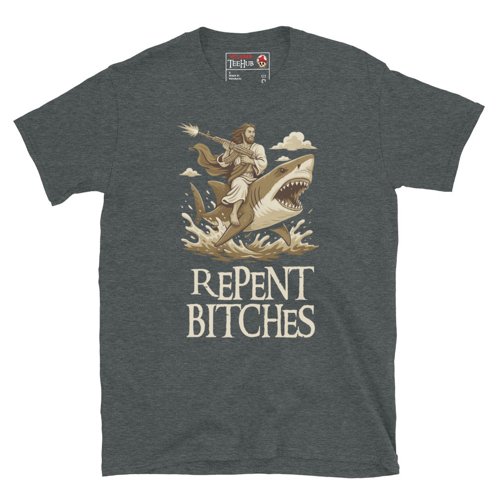 Repent Bitches T-Shirt – Funny Jesus Riding a Shark with Machine Gun Tee