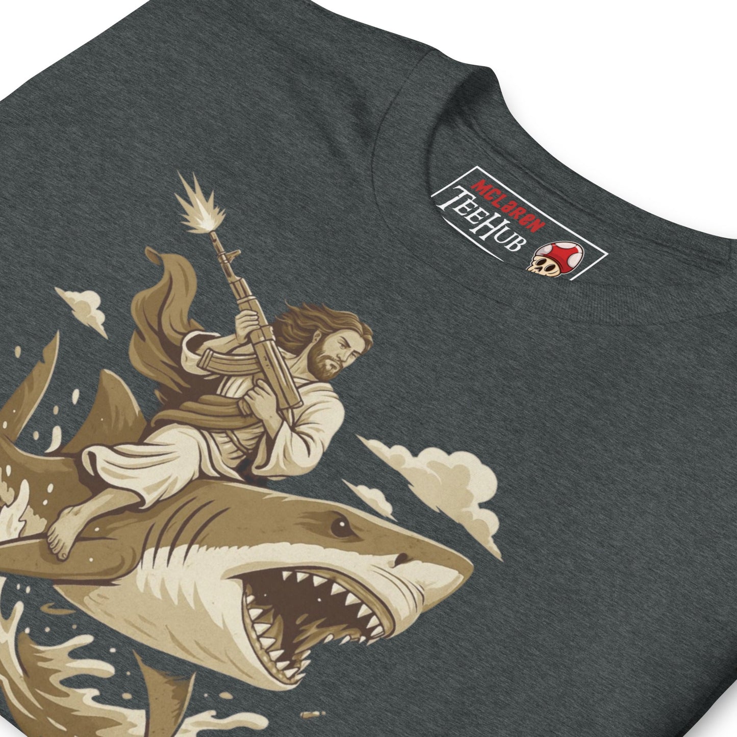 Repent Bitches T-Shirt – Funny Jesus Riding a Shark with Machine Gun Tee