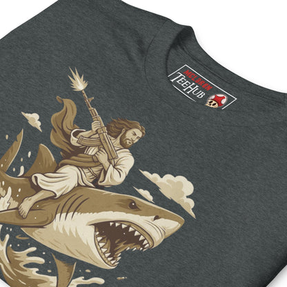 Repent Bitches T-Shirt – Funny Jesus Riding a Shark with Machine Gun Tee