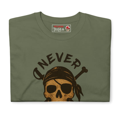 Never Say Die T-Shirt – Retro Goonies Pirate Skull Adventure Tee