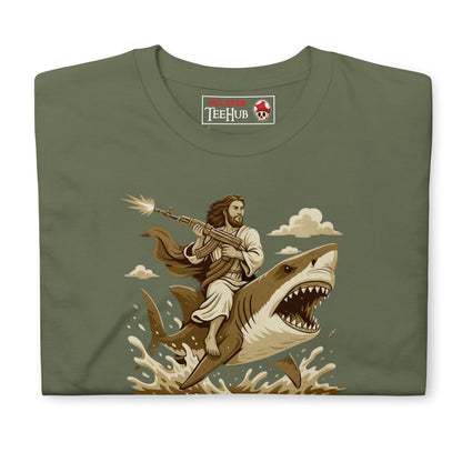 Repent Bitches T-Shirt – Funny Jesus Riding a Shark with Machine Gun Tee