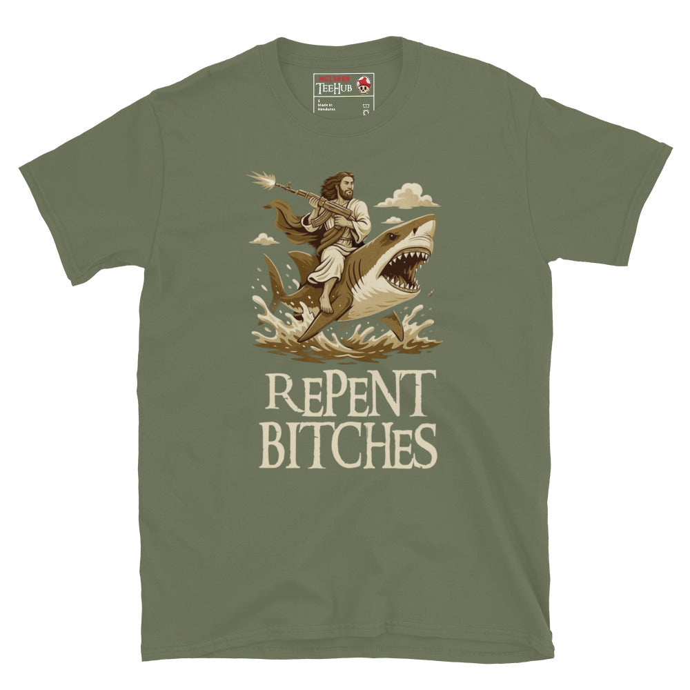 Repent Bitches T-Shirt – Funny Jesus Riding a Shark with Machine Gun Tee