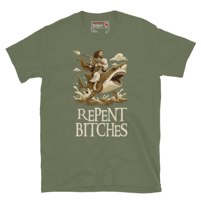 Repent Bitches T-Shirt – Funny Jesus Riding a Shark with Machine Gun Tee