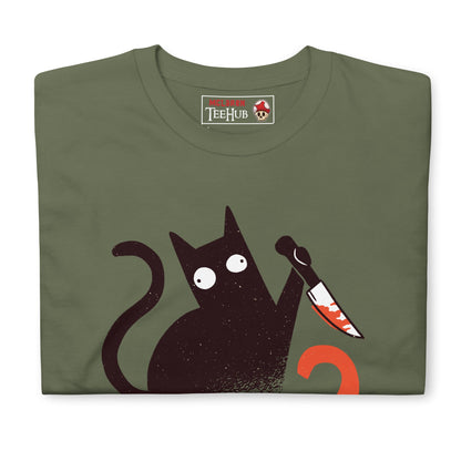 Funny Cat Knife T-Shirt – “What?” Meme Tee – Dark Humor Cat Lover Shirt