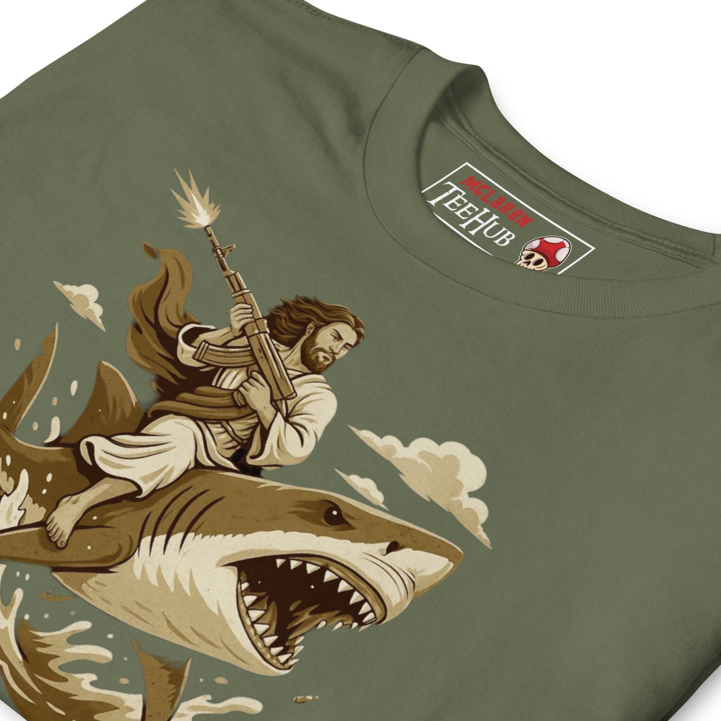 Repent Bitches T-Shirt – Funny Jesus Riding a Shark with Machine Gun Tee
