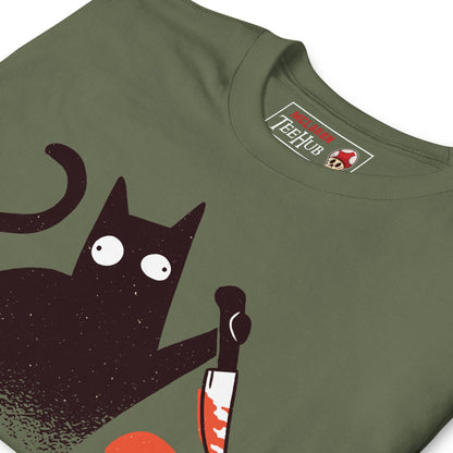 Funny Cat Knife T-Shirt – “What?” Meme Tee – Dark Humor Cat Lover Shirt