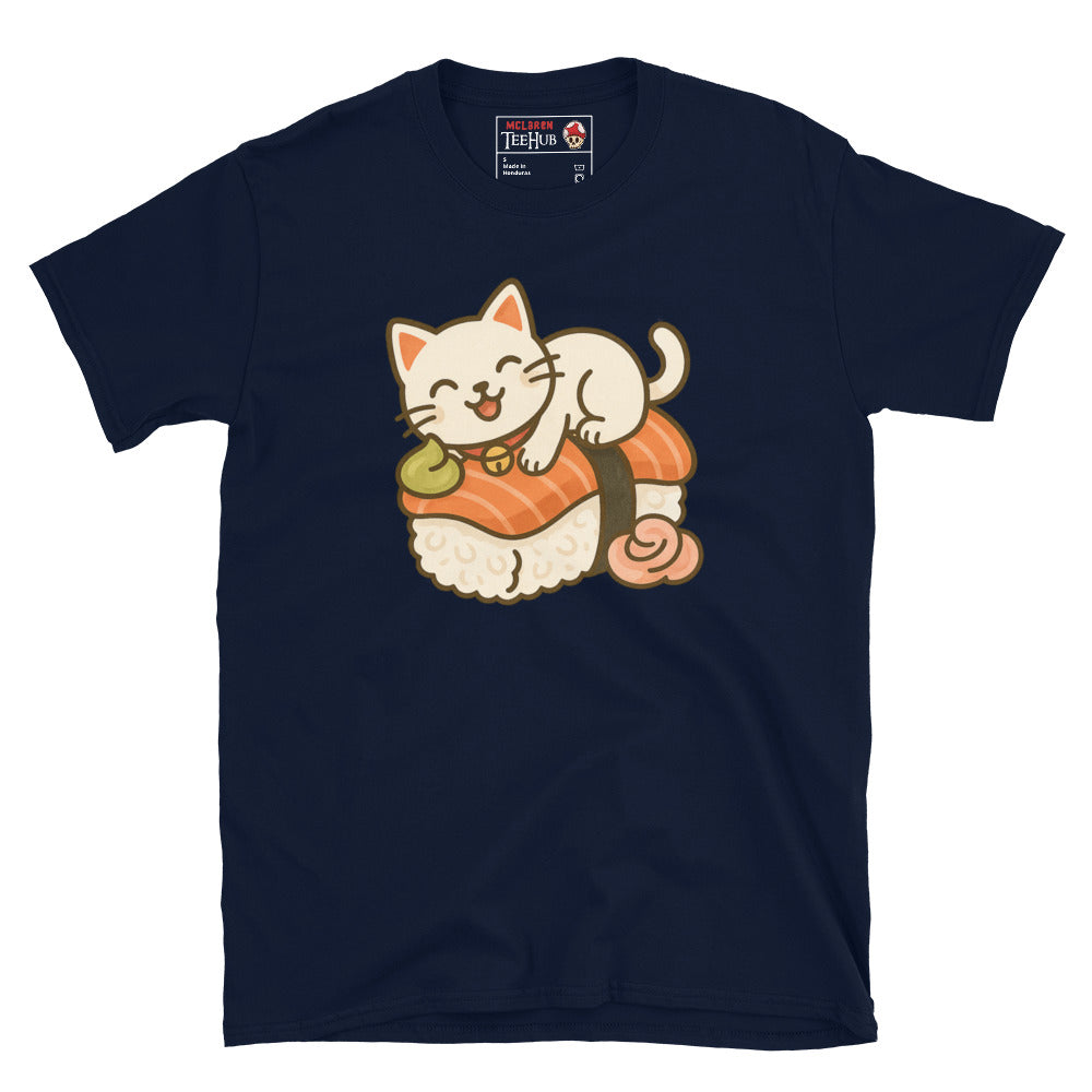Sushi Cat T-Shirt – Kawaii Kitty on Salmon Nigiri – Cute Anime Cat Tee