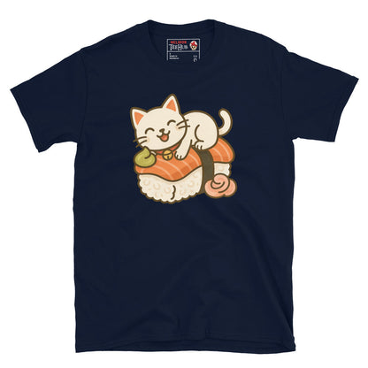 Sushi Cat T-Shirt – Kawaii Kitty on Salmon Nigiri – Cute Anime Cat Tee