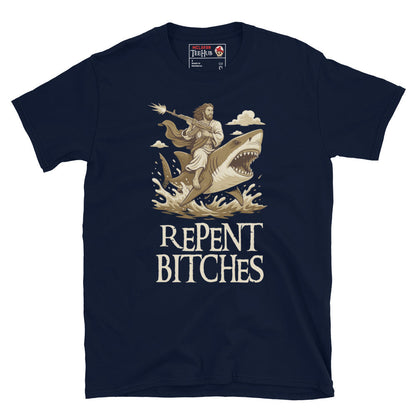Repent Bitches T-Shirt – Funny Jesus Riding a Shark with Machine Gun Tee