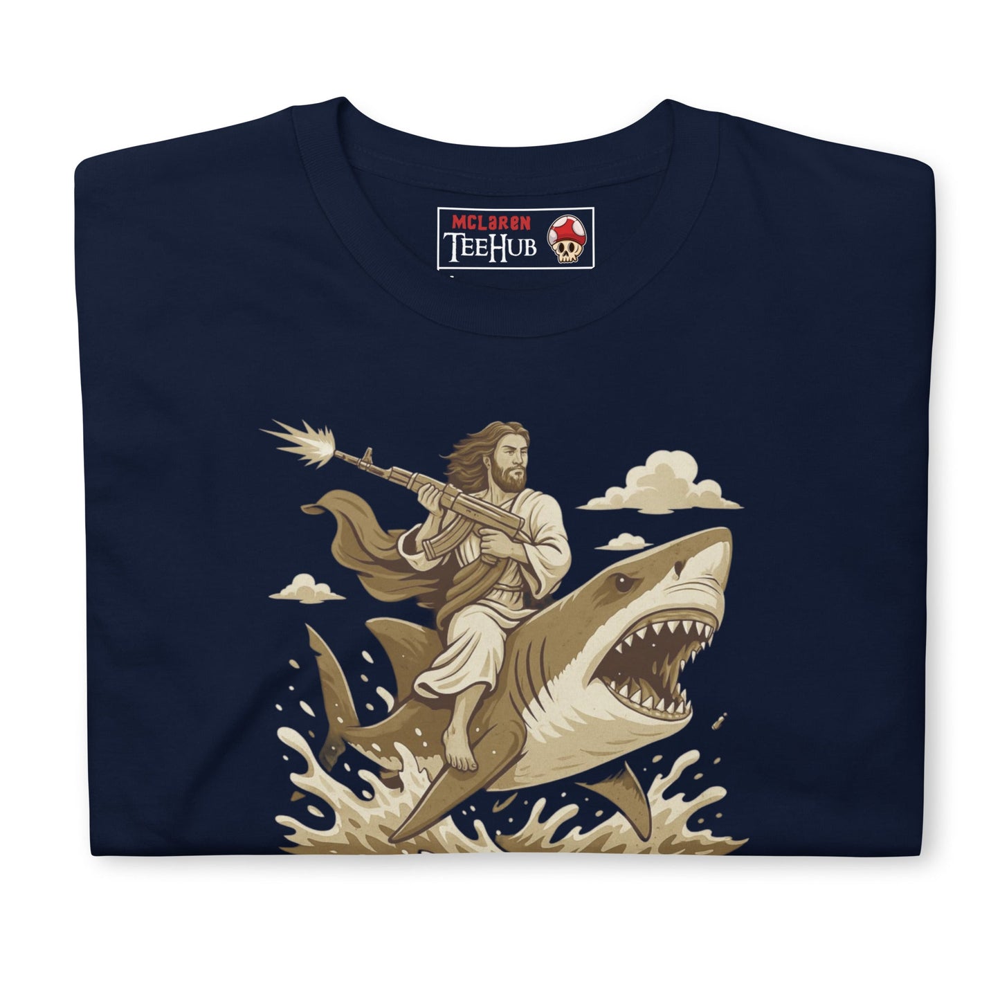 Repent Bitches T-Shirt – Funny Jesus Riding a Shark with Machine Gun Tee