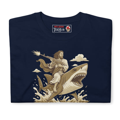 Repent Bitches T-Shirt – Funny Jesus Riding a Shark with Machine Gun Tee