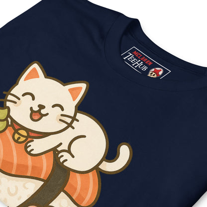 Sushi Cat T-Shirt – Kawaii Kitty on Salmon Nigiri – Cute Anime Cat Tee