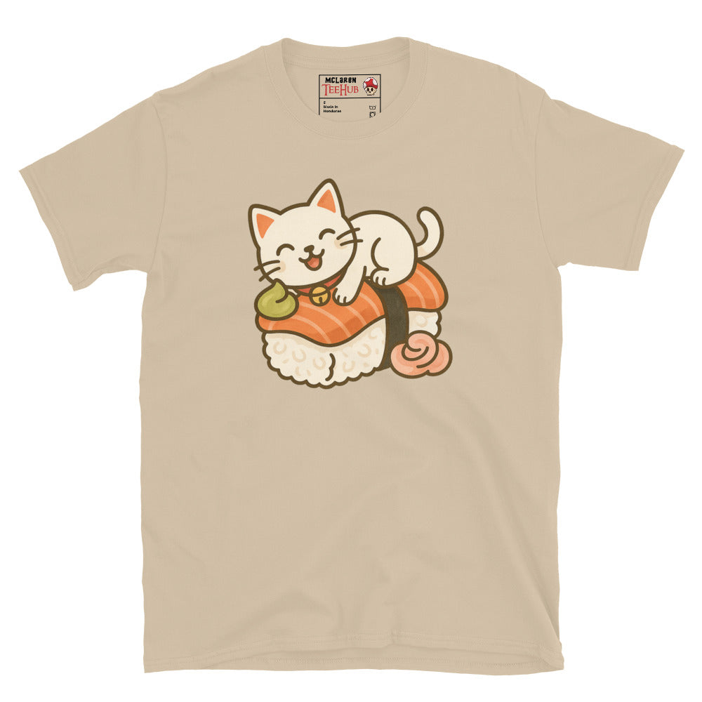 Sushi Cat T-Shirt – Kawaii Kitty on Salmon Nigiri – Cute Anime Cat Tee