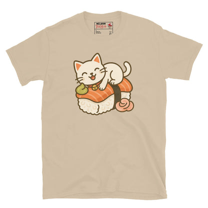 Sushi Cat T-Shirt – Kawaii Kitty on Salmon Nigiri – Cute Anime Cat Tee