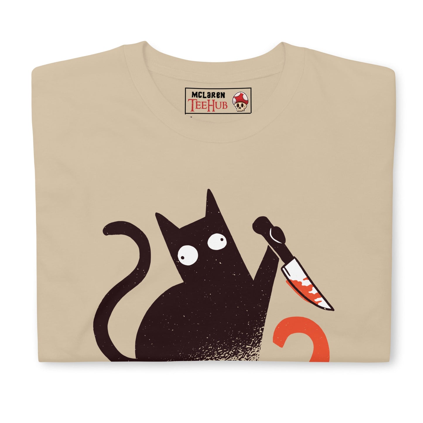 Funny Cat Knife T-Shirt – “What?” Meme Tee – Dark Humor Cat Lover Shirt