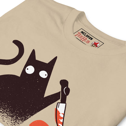 Funny Cat Knife T-Shirt – “What?” Meme Tee – Dark Humor Cat Lover Shirt