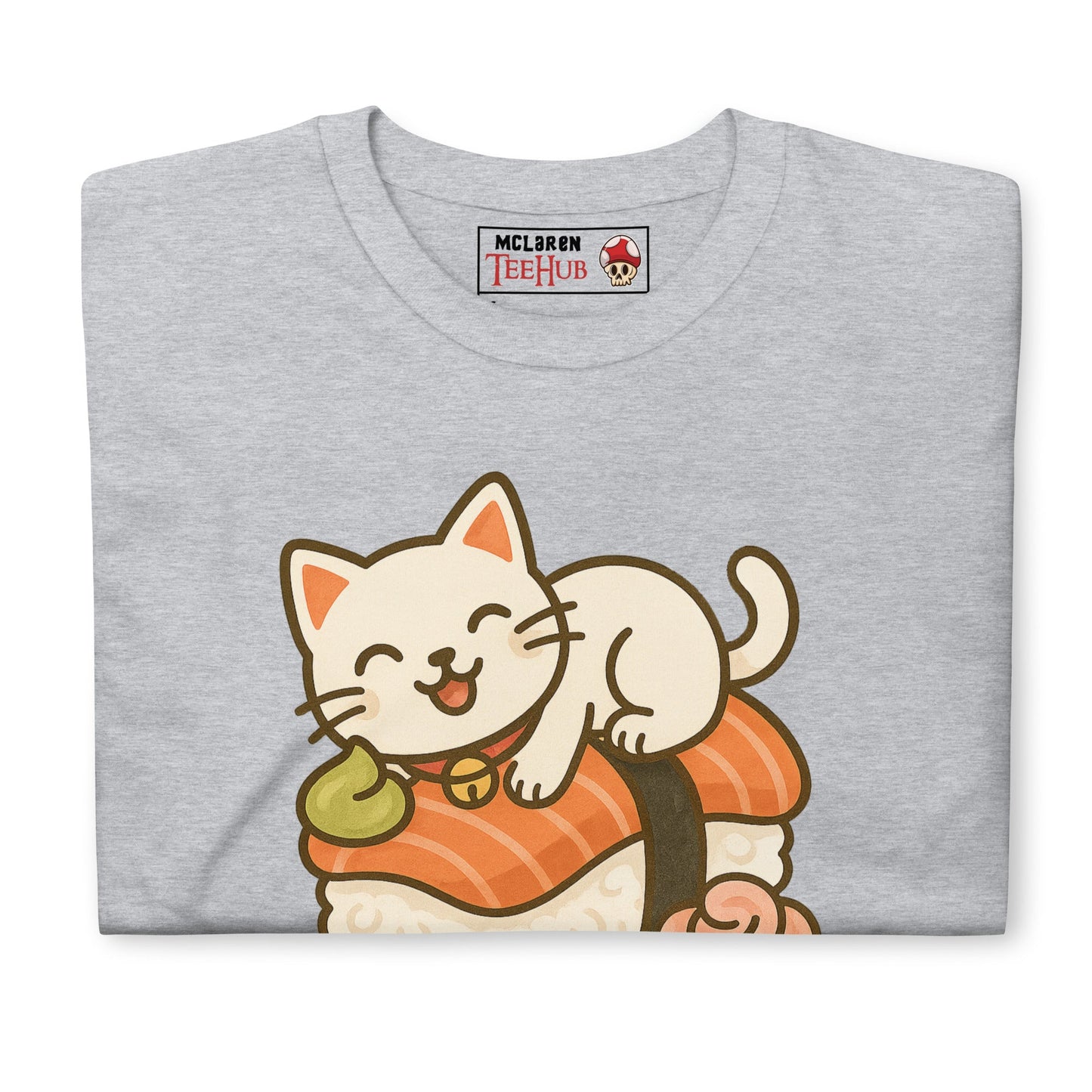 Sushi Cat T-Shirt – Kawaii Kitty on Salmon Nigiri – Cute Anime Cat Tee