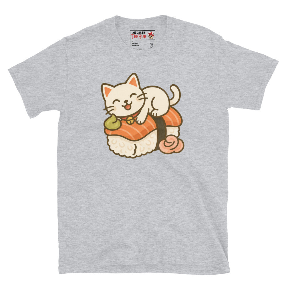 Sushi Cat T-Shirt – Kawaii Kitty on Salmon Nigiri – Cute Anime Cat Tee