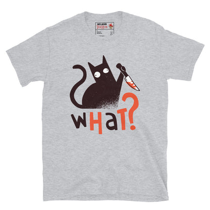 Funny Cat Knife T-Shirt – “What?” Meme Tee – Dark Humor Cat Lover Shirt