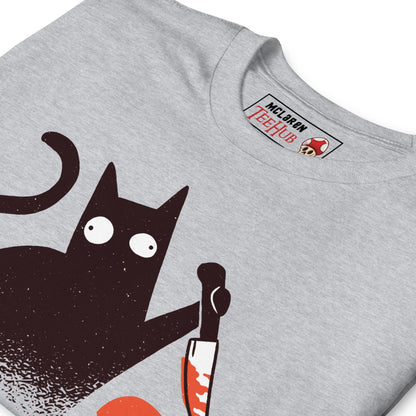 Funny Cat Knife T-Shirt – “What?” Meme Tee – Dark Humor Cat Lover Shirt